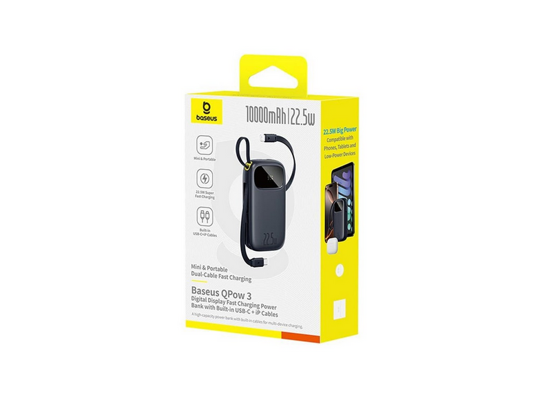 Baseus EnerFill FC31 10000mAh 22.5W Powerbank with Digital Display and 2 Built-in Cables (USB-C + Lightning) - Black - 10000 mAh