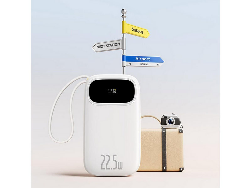 Baseus EnerFill FC31 20000mAh 22.5W Powerbank with Digital Display and 2 Built-in Cables (USB-C + Lightning) - White - 20000 mAh