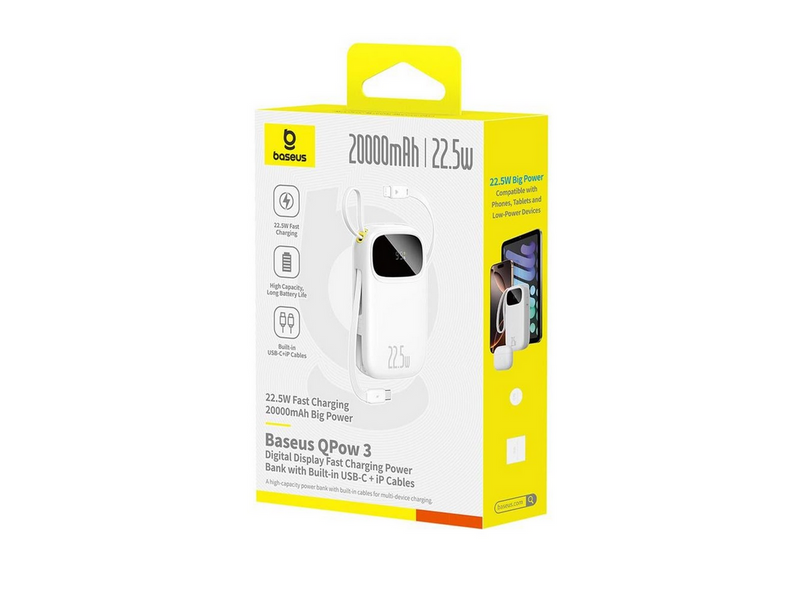 Baseus EnerFill FC31 20000mAh 22.5W Powerbank with Digital Display and 2 Built-in Cables (USB-C + Lightning) - White - 20000 mAh