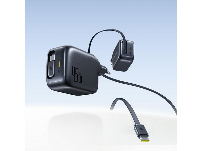 Baseus EnerCore CJ11 45W Wall Charger with USB-C Port and Retractable USB-C Cable - Black