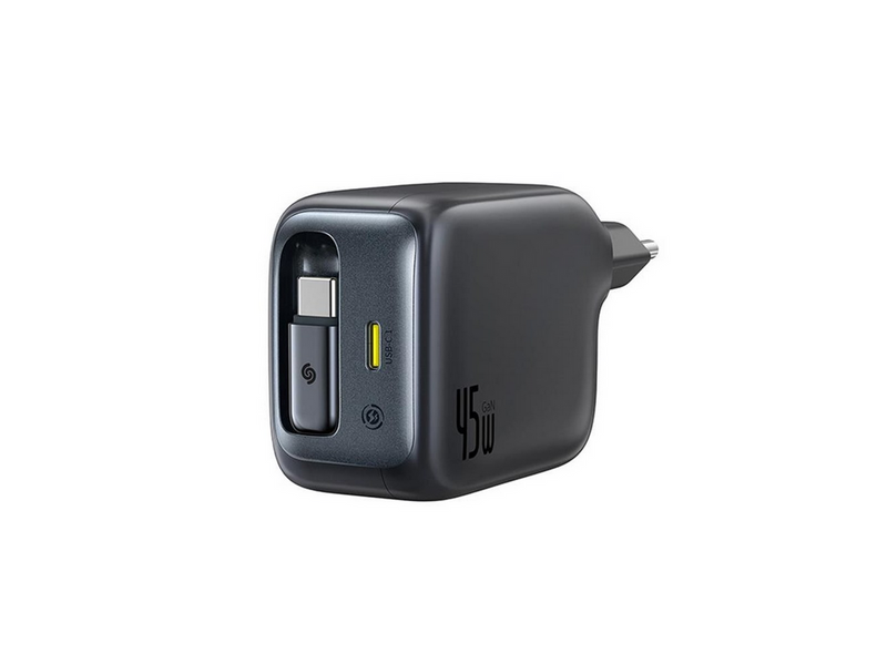 Baseus EnerCore CJ11 45W Wall Charger with USB-C Port and Retractable USB-C Cable - Black