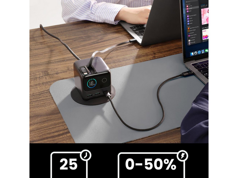 Joyroom Podix JR-TRD01 GaN 140W Desktop Charger with 5 Ports and Dual Retractable Cables - Gray