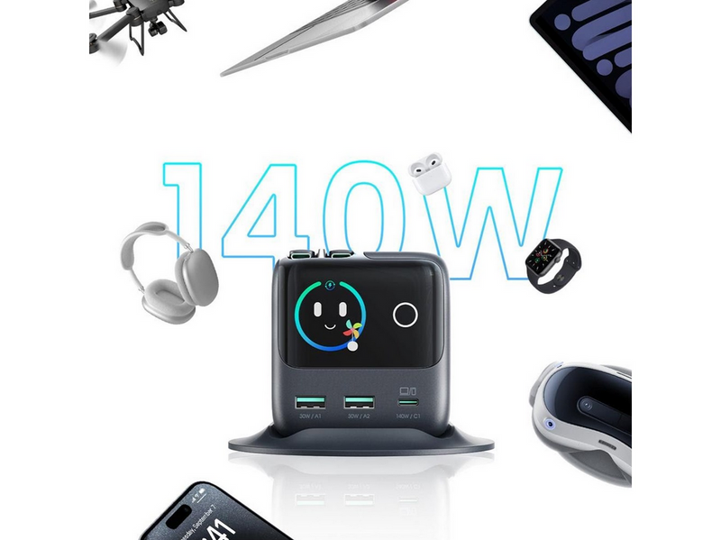 Joyroom Podix JR-TRD01 GaN 140W Desktop Charger with 5 Ports and Dual Retractable Cables - Gray