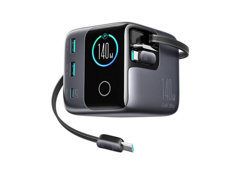 Joyroom Podix JR-TRD01 GaN 140W Desktop Charger with 5 Ports and Dual Retractable Cables - Gray