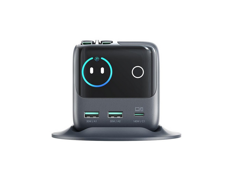 Joyroom Podix JR-TRD01 GaN 140W Desktop Charger with 5 Ports and Dual Retractable Cables - Gray