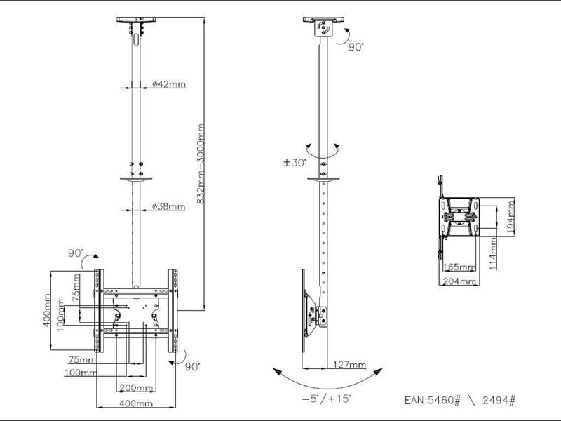 Multibrackets M Public Ceilingmount Medium Single 3000 White 70 kg 55" 200 x 100 mm