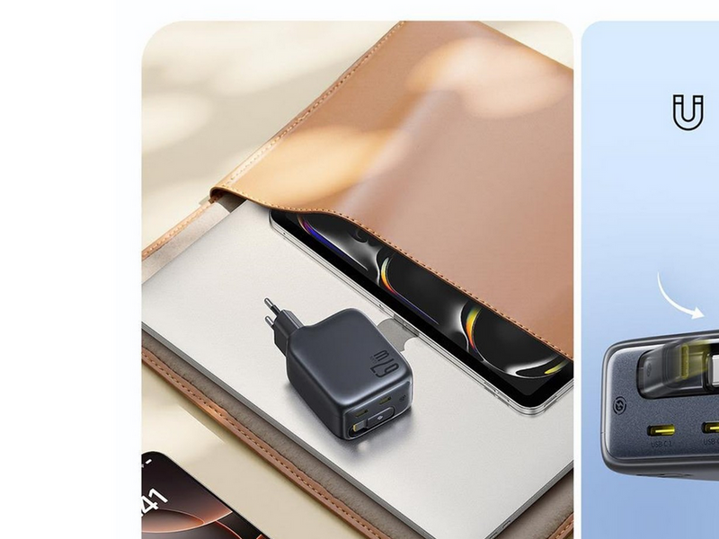 Baseus EnerCore CJ11 67W Wall Charger with Two USB-C Ports and Retractable USB-C Cable - Black