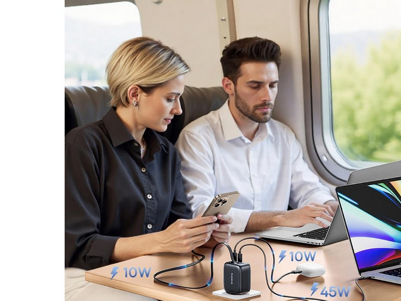 Baseus EnerCore CJ11 67W Wall Charger with Two USB-C Ports and Retractable USB-C Cable - Black