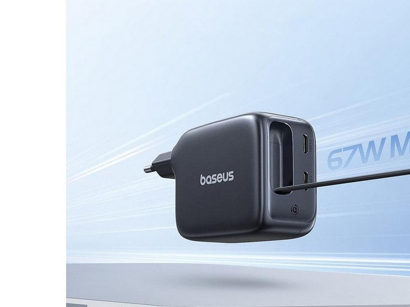 Baseus EnerCore CJ11 67W Wall Charger with Two USB-C Ports and Retractable USB-C Cable - Black