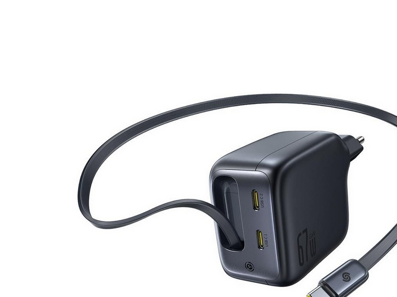 Baseus EnerCore CJ11 67W Wall Charger with Two USB-C Ports and Retractable USB-C Cable - Black