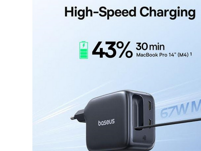 Baseus EnerCore CJ11 67W Wall Charger with Two USB-C Ports and Retractable USB-C Cable - Black