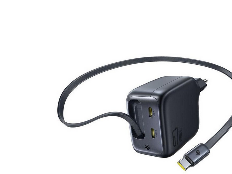Baseus EnerCore CJ11 67W Wall Charger with Two USB-C Ports and Retractable USB-C Cable - Black