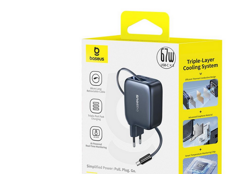 Baseus EnerCore CJ11 67W Wall Charger with Two USB-C Ports and Retractable USB-C Cable - Black