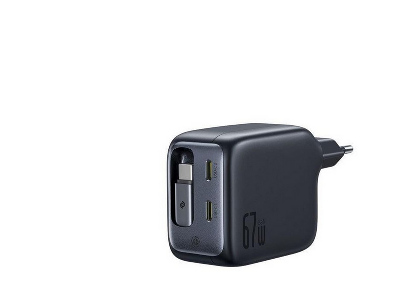 Baseus EnerCore CJ11 67W Wall Charger with Two USB-C Ports and Retractable USB-C Cable - Black