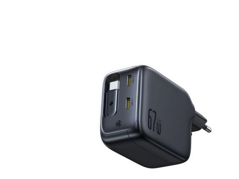 Baseus EnerCore CJ11 67W Wall Charger with Two USB-C Ports and Retractable USB-C Cable - Black