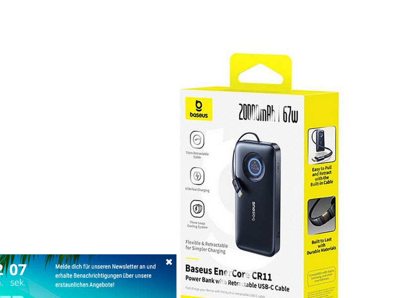 Baseus EnerCore CR11 20000mAh 67W Power Bank with Retractable USB-C Cable - Black - 20000 mAh