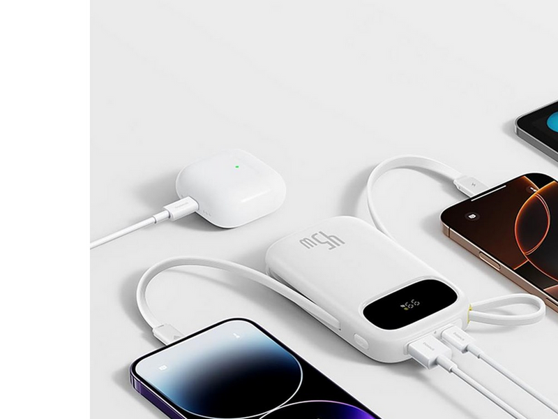 Baseus EnerFill FC31 20000mAh 45W Powerbank with Digital Display and 2 Built-in Cables (USB-C + Lightning) - White - 20000 mAh