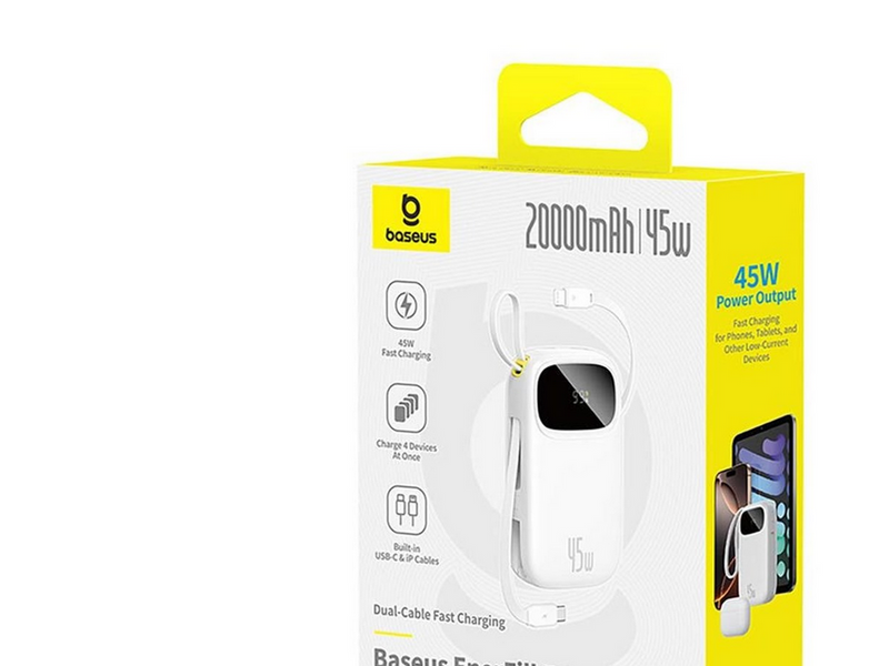 Baseus EnerFill FC31 20000mAh 45W Powerbank with Digital Display and 2 Built-in Cables (USB-C + Lightning) - White - 20000 mAh