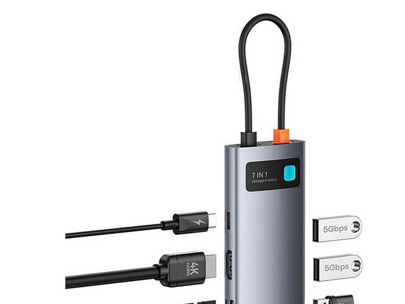 Baseus Metal Gleam 7in1 HDMI 4K 60Hz USB-C Hub / 3x USB 3.0 / USB-C PD / SD / microSD - Gray USB-Hubs