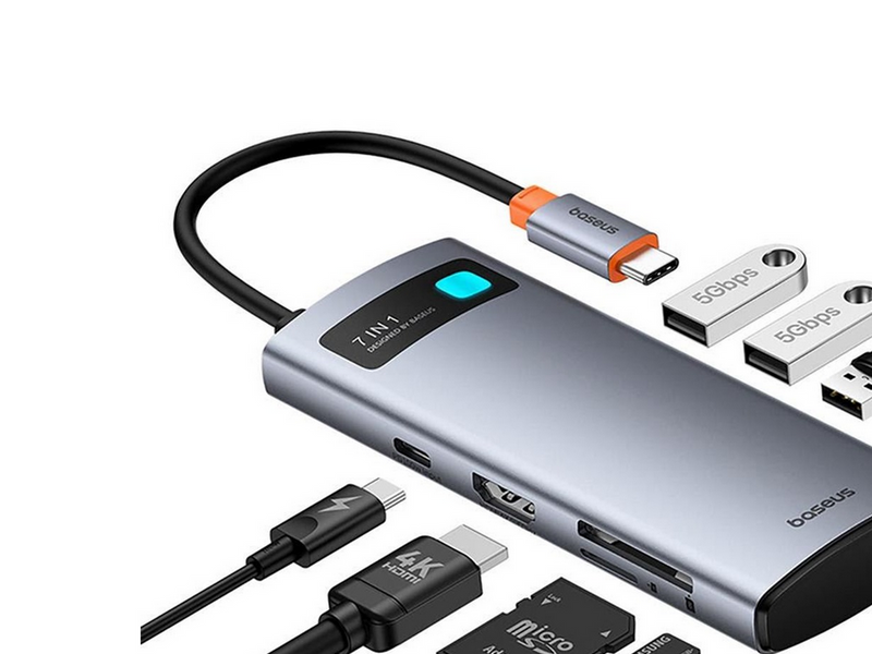 Baseus Metal Gleam 7in1 HDMI 4K 60Hz USB-C Hub / 3x USB 3.0 / USB-C PD / SD / microSD - Gray USB-Hubs