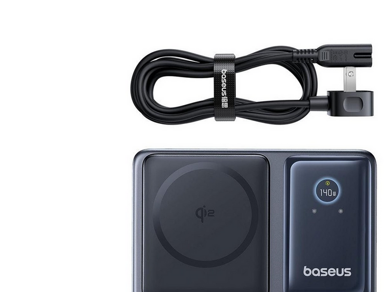 Baseus NOMOS 140W Qi2 5-in-1 Wireless Charging Station with Retractable USB-C Cable and Digital Display - Black
