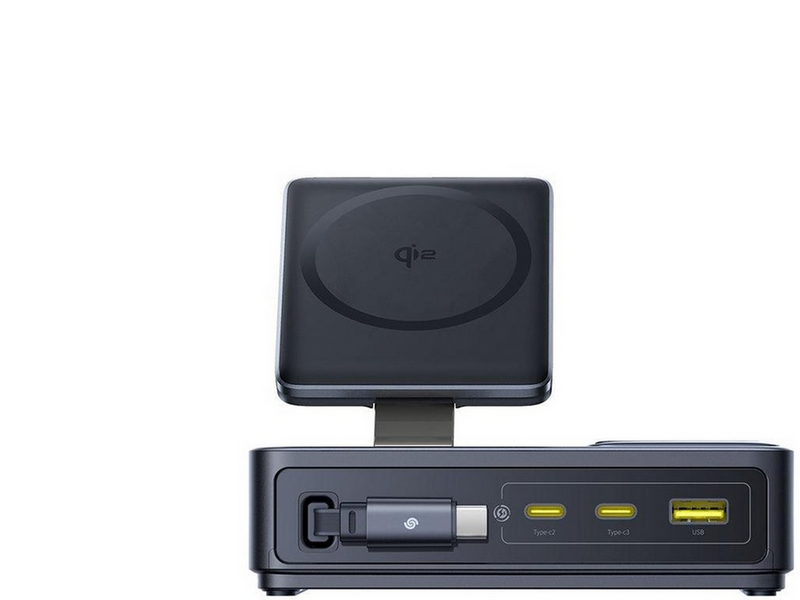 Baseus NOMOS 140W Qi2 5-in-1 Wireless Charging Station with Retractable USB-C Cable and Digital Display - Black