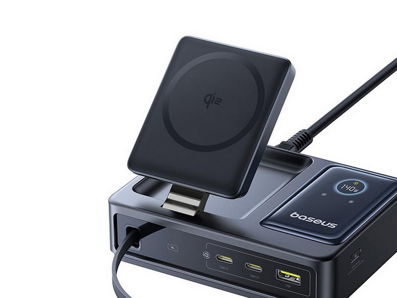 Baseus NOMOS 140W Qi2 5-in-1 Wireless Charging Station with Retractable USB-C Cable and Digital Display - Black