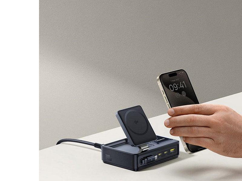 Baseus NOMOS 140W Qi2 5-in-1 Wireless Charging Station with Retractable USB-C Cable and Digital Display - Black