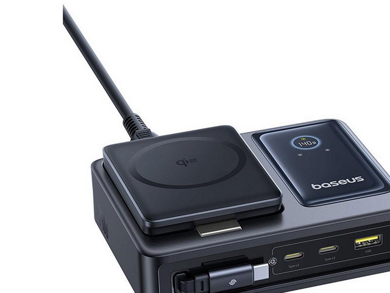 Baseus NOMOS 140W Qi2 5-in-1 Wireless Charging Station with Retractable USB-C Cable and Digital Display - Black