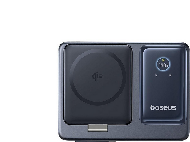Baseus NOMOS 140W Qi2 5-in-1 Wireless Charging Station with Retractable USB-C Cable and Digital Display - Black