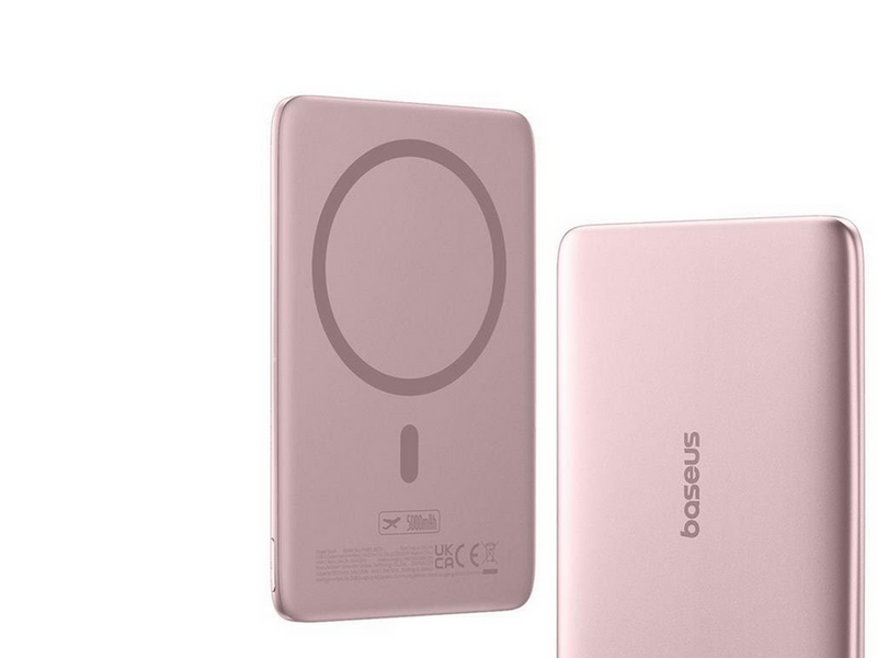 Baseus PicoGo AM41 5000mAh 20W Ultra-Slim Power Bank MagSafe Compatible with Simple USB-C 60W 30cm Cable - Pink - 5000 mAh