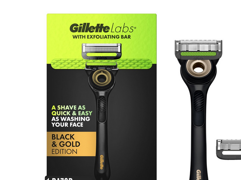 Gillette Exfoliating Bar Razor Black and Gold Edition (2 Count + Handle + Stand)