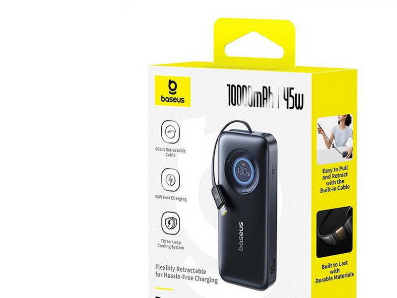 Baseus EnerCore CR11 10000mAh 45W Power Bank with Retractable USB-C Cable - Black - 10000 mAh