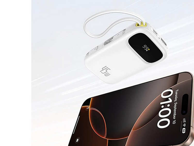 Baseus EnerFill FC31 Qpow 3 10000mAh 45W Power Bank with Digital Display with USB-C and Lightning Cables - White - 10000 mAh