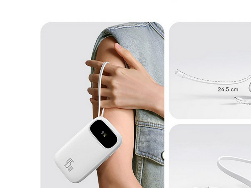 Baseus EnerFill FC31 Qpow 3 10000mAh 45W Power Bank with Digital Display with USB-C and Lightning Cables - White - 10000 mAh