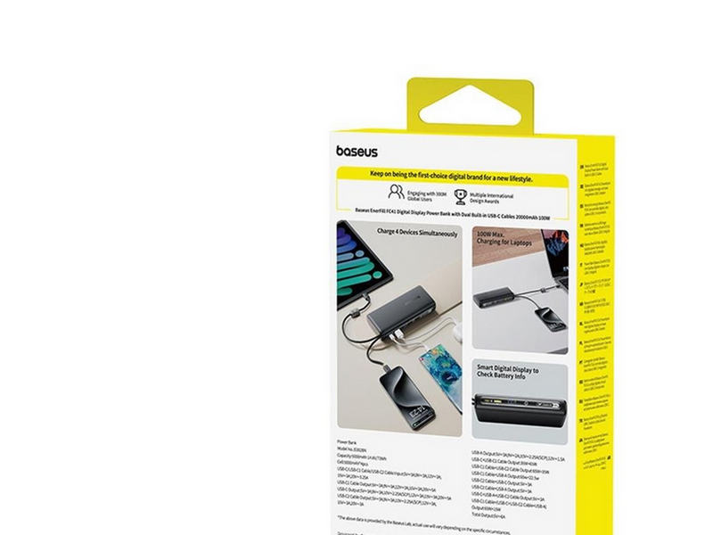 Baseus EnerFill FC41 20000mAh 100W Power Bank with Digital Display and Built-in Dual USB-C Cable - Black - 20000 mAh