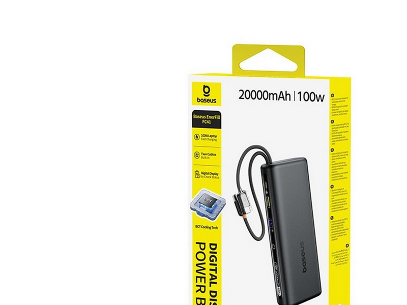 Baseus EnerFill FC41 20000mAh 100W Power Bank with Digital Display and Built-in Dual USB-C Cable - Black - 20000 mAh