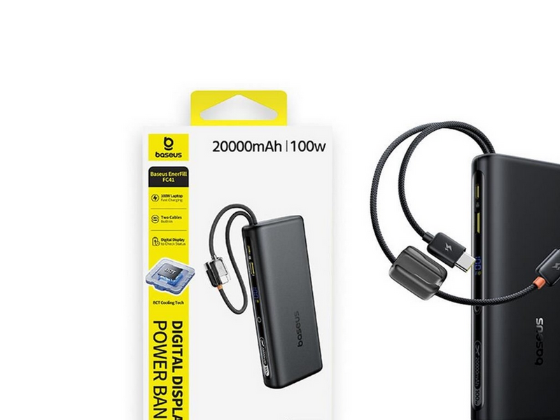 Baseus EnerFill FC41 20000mAh 100W Power Bank with Digital Display and Built-in Dual USB-C Cable - Black - 20000 mAh