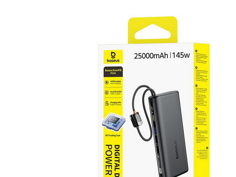 Baseus EnerFill FC41 25000mAh 145W Power Bank with Digital Display and Built-in Dual USB-C Cable - Black - 25000 mAh