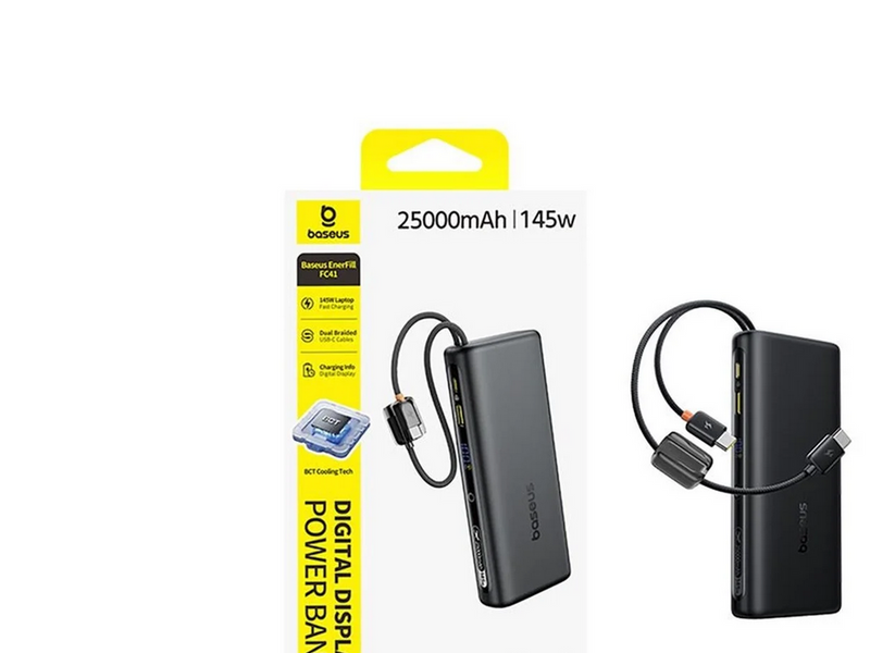 Baseus EnerFill FC41 25000mAh 145W Power Bank with Digital Display and Built-in Dual USB-C Cable - Black - 25000 mAh