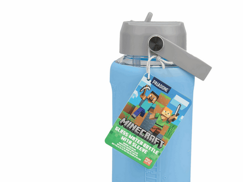 Paladone - MINECRAFT GLASS WATER BOTTLE WITH SLEEVE