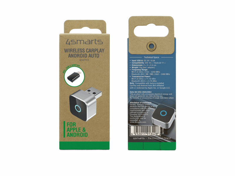 4smarts Wireless CarPlay and Android Auto USB-A and USB-C adapter - Silver