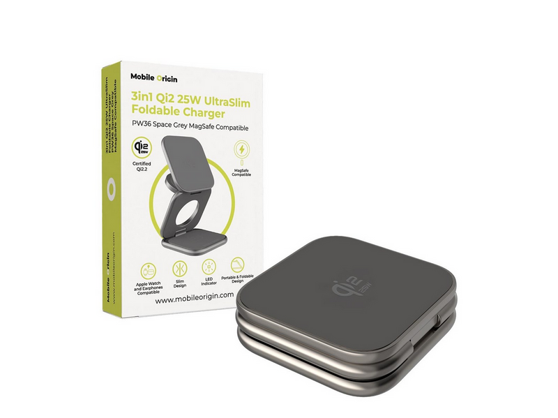 Mobile Origin 3in1 Qi2 25W UltraSlim Foldable Charger PW36 MagSafe Compatible Space Grey