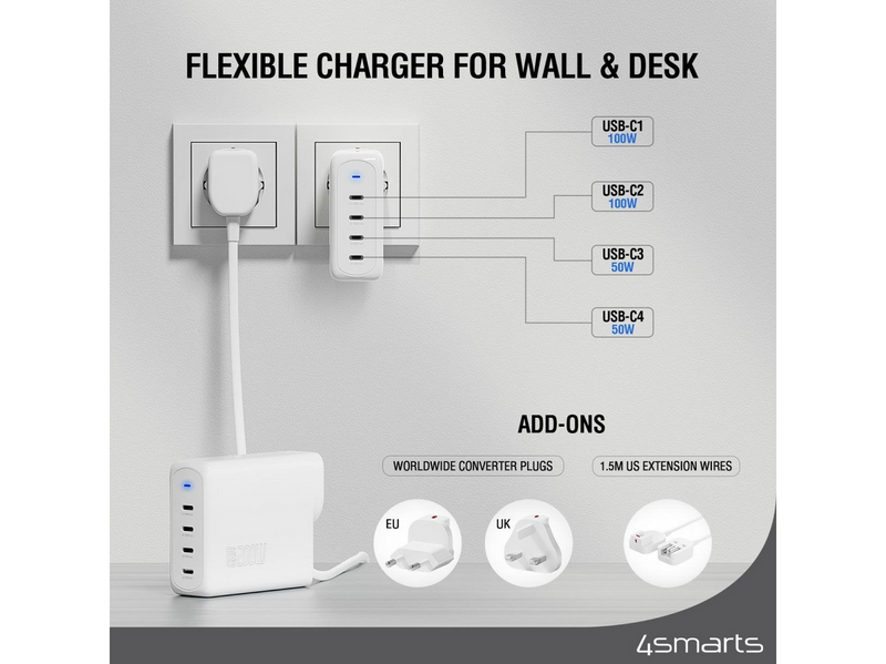 4smarts Wall charger GaN Flex Pro 200W Travel Edition 4x USB-C white Netzteile - 200 Watt - ATX - 80 Plus