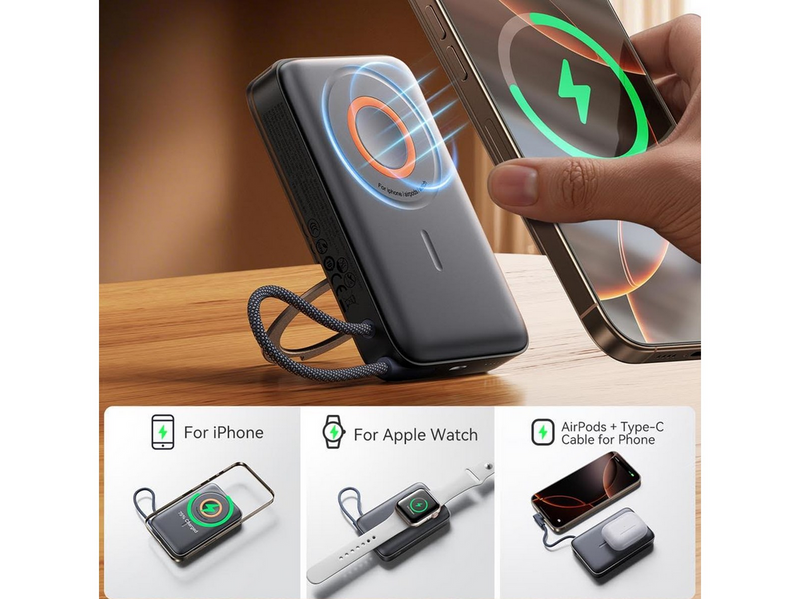 Joyroom JR-PBM02 Powerbank 22.5W 10000mAh 3in1 Magnetic Inductive Compatible with MagSafe with Built-in Cable - Black - 10000 mAh