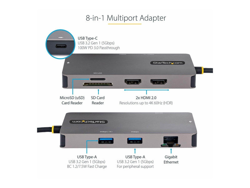 StarTech.com USB C Multiport Adapter Dual HDMI Video 4K 60Hz 2-Port 5Gbps USB-A 3.1 Hub 100W