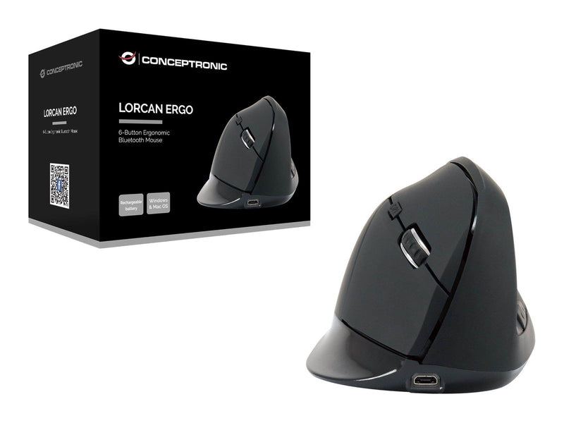 Conceptronics Conceptronic LORCAN03B ERGO - vertical mouse - Bluetooth 5.2 - black - Vertical mouse (Schwarz)