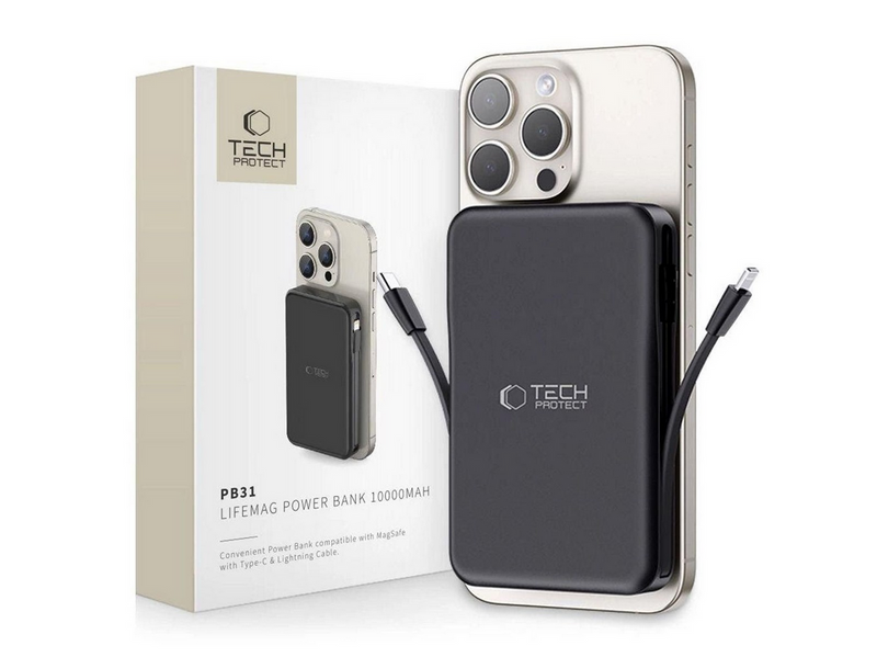 Tech-Protect LifeMag PB31 Power Bank with MagSafe 10000mAh 15W USB-C / USB-A / Built-in USB-C / Lightning Cables - Black - 10000 mAh