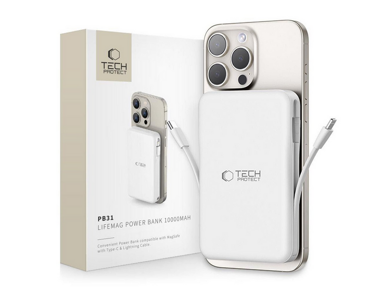 Tech-Protect LifeMag PB31 Power Bank with MagSafe 10000mAh 15W USB-C / USB-A / Built-in USB-C / Lightning Cables - White - 10000 mAh