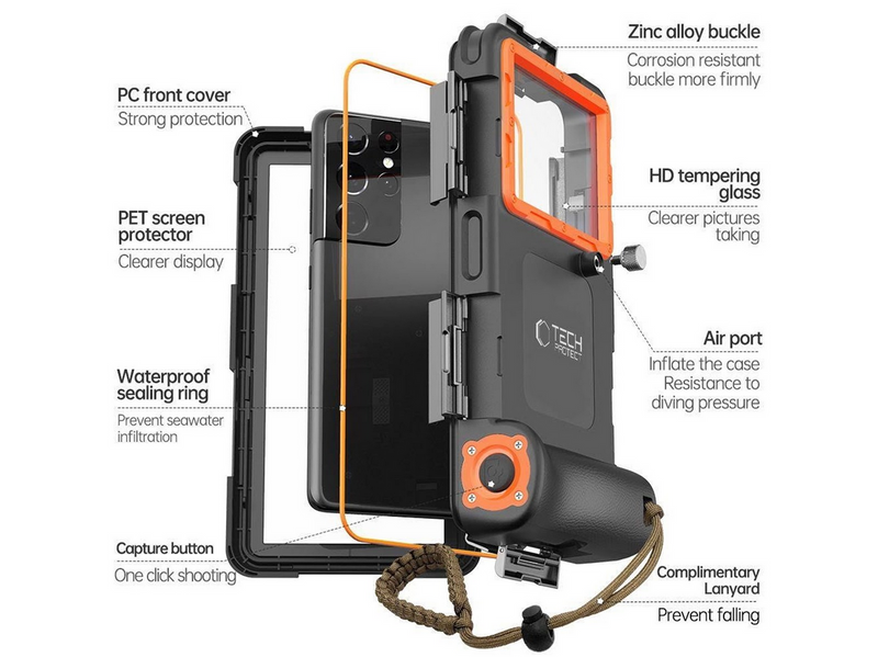 Tech-Protect Waterproof Case IPX8 Waterproof for Smartphones 4.7-6.7" - Black/Orange